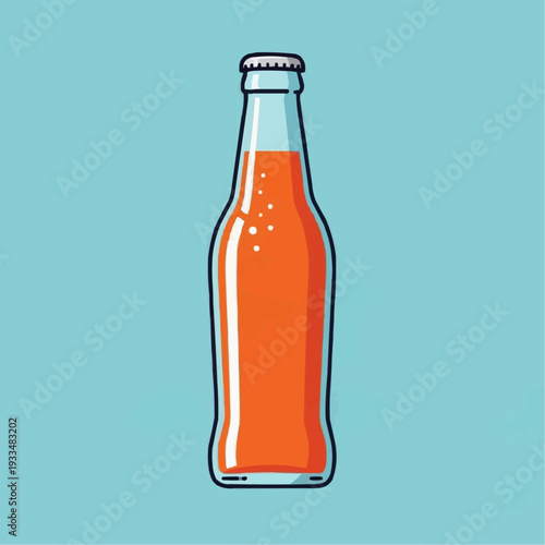 Glass bottle of orange soda with bubbles on light blue background  