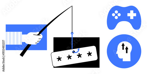 Phishing concept. Phishing is a key cybersecurity concern with illustrated password theft, its connection to gaming, and psychological target manipulation. For security education, gaming, technology