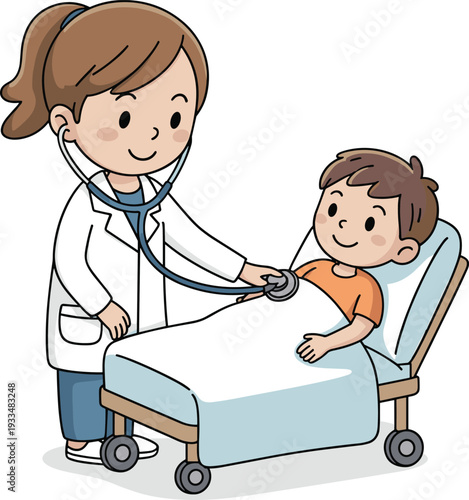 Female doctor examining child patient with stethoscope in hospital bed, pediatric healthcare medical checkup cartoon vector illustration