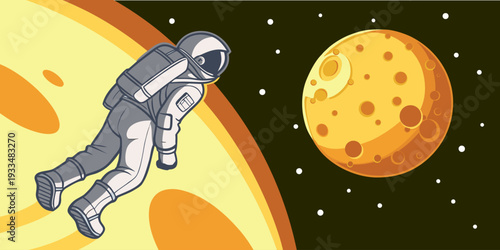 Astronaut exploring alien planet surface with stars and distant planets. Space adventure vector for sci fi design, cosmic exploration and futuristic mission theme.
