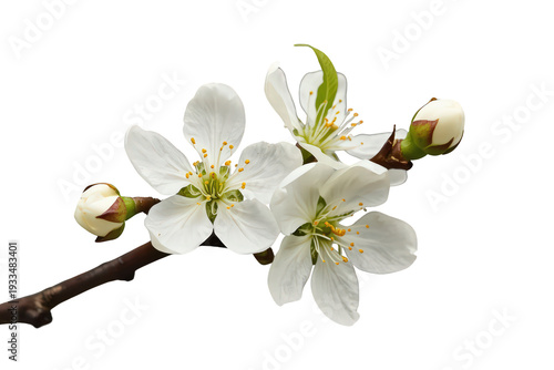 Cherry tree branch blooming, showing white spring flowers and buds on a transparent background