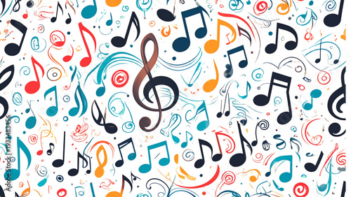 Music notes pattern, black musical symbols, treble clef icons, rhythm notes, vector design, melody elements, audio symbols, sound icons, seamless background texture