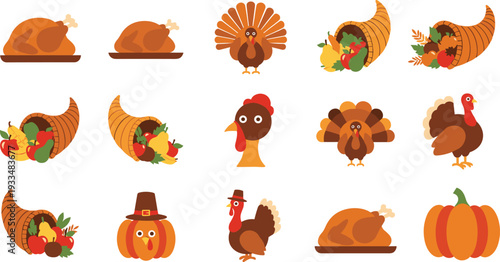 Thanksgiving icons set with turkey, roasted chicken, pumpkins and cornucopia, autumn harvest holiday vector illustration collection