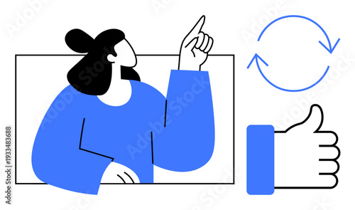 Feedback concept. A person points upward with circular arrows and a thumbs-up symbol, conveying feedback exchange and approval. Feedback vital for success, communication, collaboration, teamwork