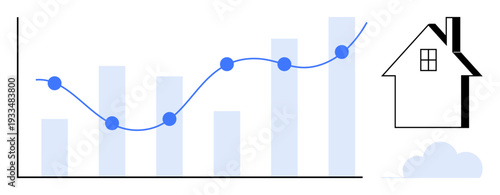 Real estate analysis, housing investment, property value trends, market research, mortgage rates, rental prices. A bar graph with trend line and house icon. Real estate and housing investment concept