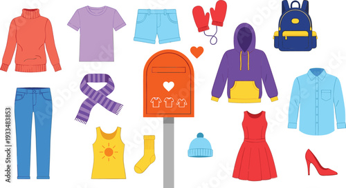 Flat vector illustration of a clothing donation concept featuring a bright orange mailbox surrounded by various apparel items like sweaters shirts pants and accessories.