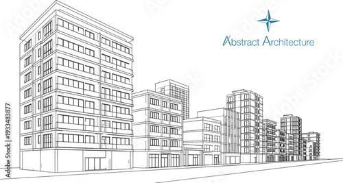 Professional black vector architecture line drawing of modern urban city block and detailed multi-story building street perspective