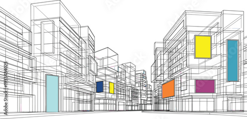 Professional black vector architecture wireframe of urban street with modern buildings and vibrant color-coded functional signage blocks
