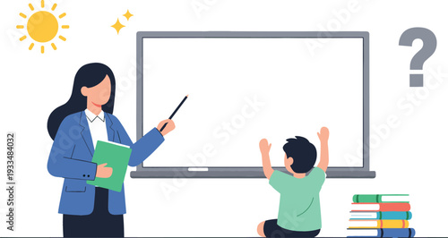 Flat vector illustration of a female teacher in a blue blazer pointing to a whiteboard while a young student raises his hand in class.