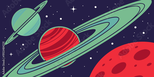 Multiple colorful planets floating in deep outer space. Modern flat vector illustration for astronomy concept, galaxy background, universe infographic and science design.