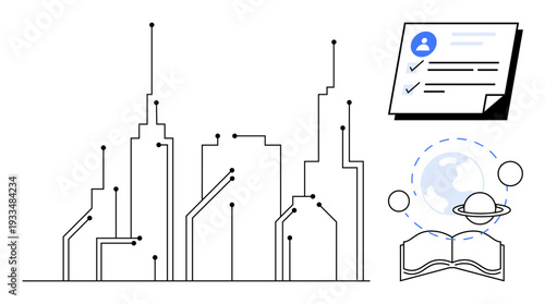 Minimalist cityscape with circuit-thumbs up connections, paperwork with user profile and checklist, globe, orbiting planet, and open book. Ideal for technology, education, sustainability, global