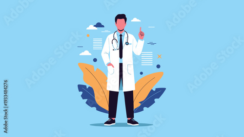 Male doctor wearing a professional white coat and stethoscope points his finger upwards to provide medical advice or health information.