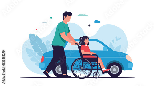 Young father pushes his daughter in a manual wheelchair past a parked blue car representing family support and accessibility concepts.
