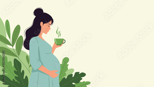 Beautiful pregnant woman in a soft blue dress stands peacefully outdoors while holding a warm cup of herbal tea amidst green foliage.