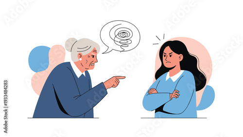Illustration of generational conflict showing an angry elderly grandmother pointing and shouting at a defiant young woman with crossed arms.