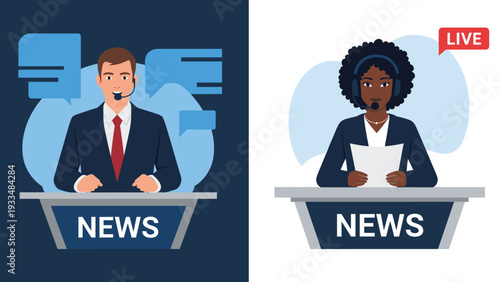 Professional male and female news anchors sit at a studio desk presenting a live broadcast with speech bubbles and a live icon.