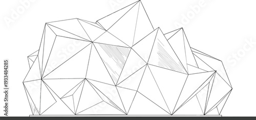 Professional black vector line illustration of a modern geometric architecture pavilion and crystalline structural building design
