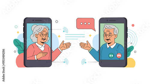 Two smartphones display a video call between an elderly man and woman staying connected through digital technology and communication.