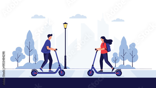 Man and woman ride electric scooters along a city sidewalk with a scenic view of the urban skyline and park trees in the background.