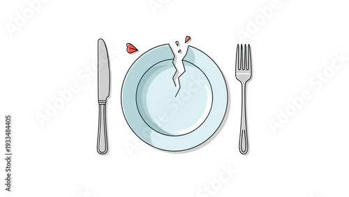 Broken white ceramic dinner plate lies on a table between a silver fork and knife in a concept of relationship or dining conflict.