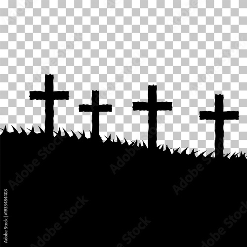 Silhouette of four crosses on a grassy hill, symbolizing a graveyard or memorial, against a transparent background.