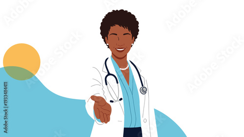 Confident African American female doctor in a white lab coat extends her hand for a welcoming handshake in a clinical setting.