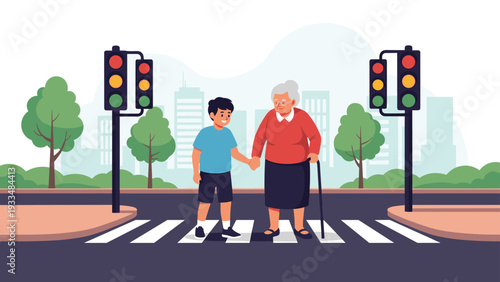 Helpful young boy assists an elderly woman with a walking stick as they cross a city street at a marked pedestrian zebra crossing.