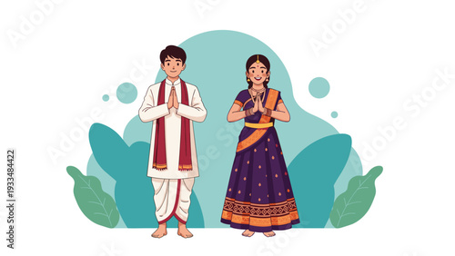 Indian man and woman dressed in traditional colorful attire perform a respectful namaste greeting with their hands together.