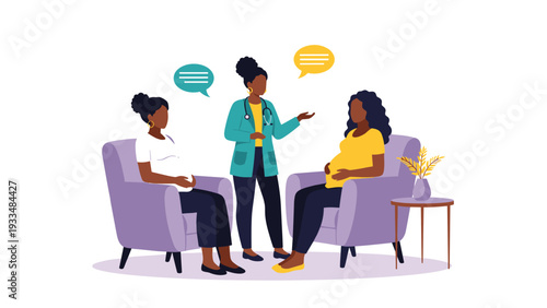 Healthcare professional provides medical advice to two pregnant African American women during a prenatal consultation in a clinic.