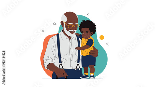 Loving grandfather with glasses and suspenders shares a tender embrace with his young grandson in a heartwarming family scene.