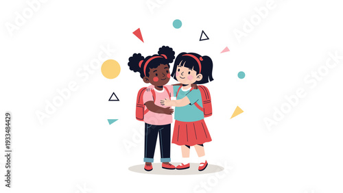 Two young schoolgirls from diverse backgrounds wearing backpacks share a warm hug on their way to school in a friendly moment.