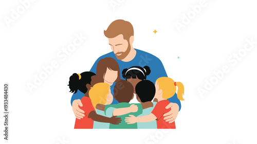 Caring father with a beard gathers a group of diverse young children for a big group hug in a display of love and unity.