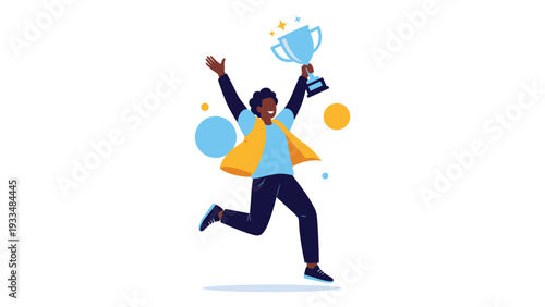 Successful man jumps with joy and raises a silver trophy high in the air to celebrate winning a competition or achievement.
