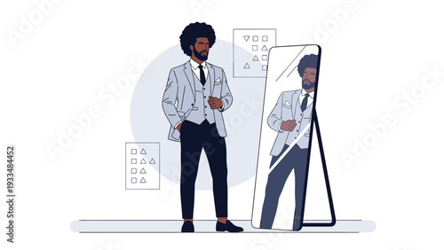 Stylish man of African descent wearing a light grey three-piece suit admires his reflection in a large full-length mirror.