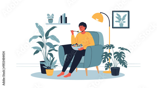 Person relaxes in a blue armchair at home while eating a fresh salad bowl surrounded by various lush green indoor houseplants.