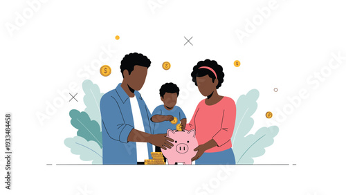 African American family with a young son works together to save money by placing gold coins into a pink ceramic piggy bank.