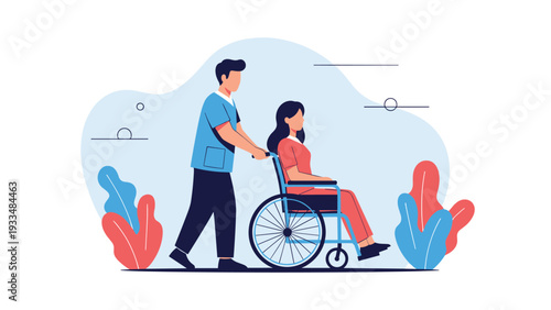 Dedicated male nurse in blue medical scrubs pushes a female patient in a wheelchair through a peaceful outdoor park setting.