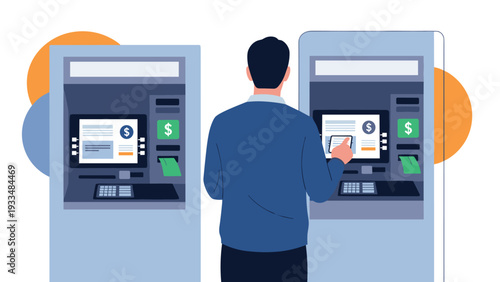 Person seen from behind interacts with a modern ATM machine to perform a banking transaction or withdraw cash in a bank.