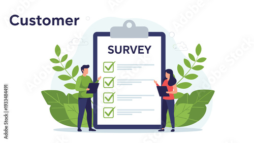 Business professionals stand next to a giant survey clipboard with green checkmarks to represent customer feedback and satisfaction.