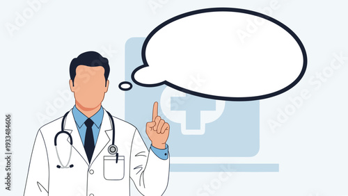 Professional male doctor in white coat with a stethoscope stands next to a large empty speech bubble for medical advice or health tips.