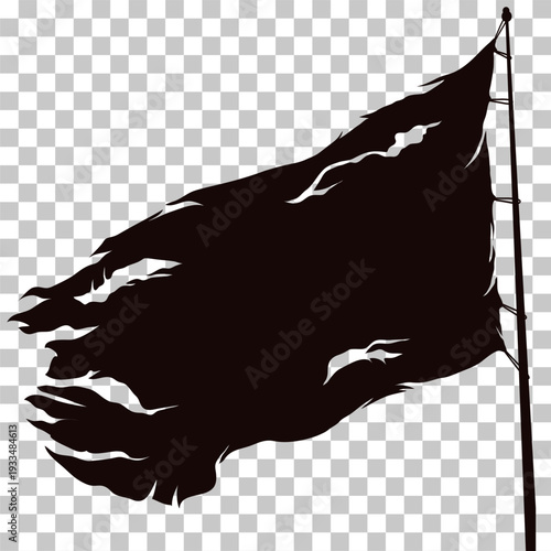 Tattered black flag waving on a pole against a transparent background, symbolizing rebellion or distress.