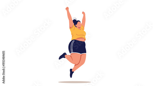 Happy plus size woman in athletic wear jumps high with arms raised in celebration of fitness goals and body positivity achievements.