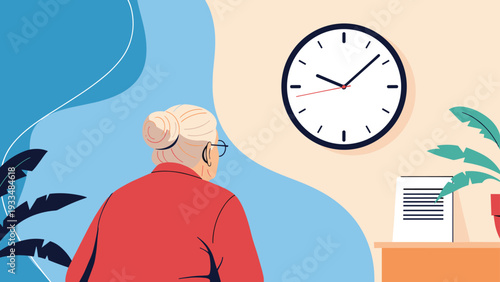 Senior woman with her hair in a bun is seen from behind as she looks at a large round clock on the wall in her home.