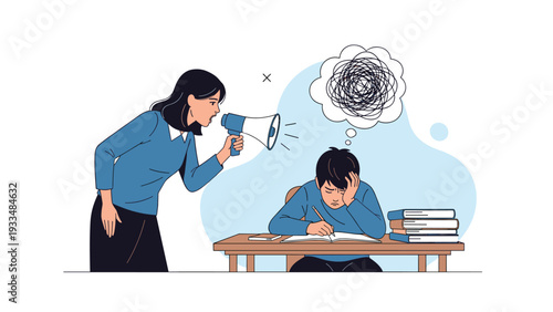 Stressed young boy struggles with his homework while an angry woman yells through a megaphone causing mental pressure and anxiety.