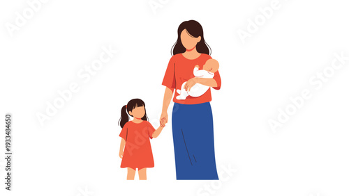 Caring mother holds her newborn baby in her arms while holding the hand of her young daughter during a peaceful walk outdoors.