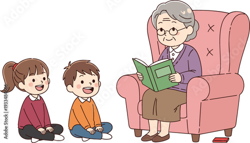 Flat vector illustration of an elderly grandmother sitting in a pink armchair reading a book to her grandson and granddaughter isolated on white background.