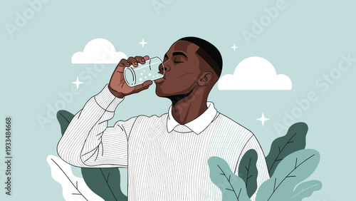 Healthy young man drinks a glass of fresh water to stay hydrated while standing outdoors against a peaceful sky background with clouds.