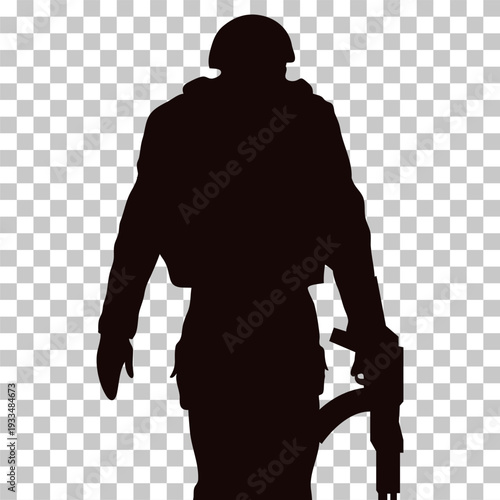 Silhouette of a soldier or tactical operator in combat gear holding a rifle, depicted against a transparent background.