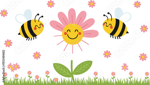 Flat vector illustration of cute bumble bees and a smiling sunflower in a spring meadow with pink flowers and green grass isolated on white.