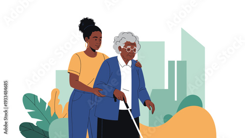 Kind young woman supports an elderly blind woman with a white cane as they walk together through a city park with buildings in view.